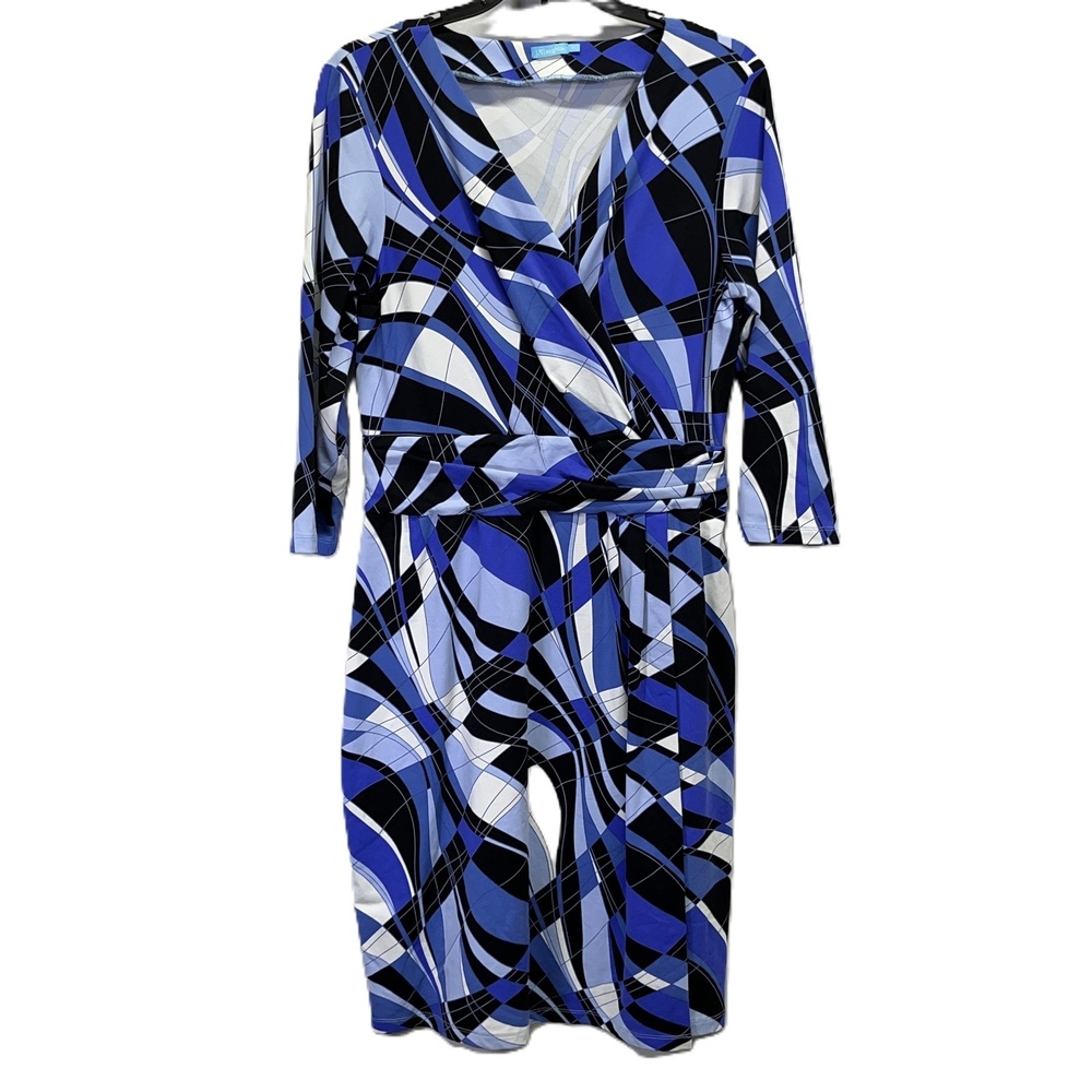 J McLaughlin Blue White Catalina Cloth Faux‎ Wrap Abstract Print Dress Medium